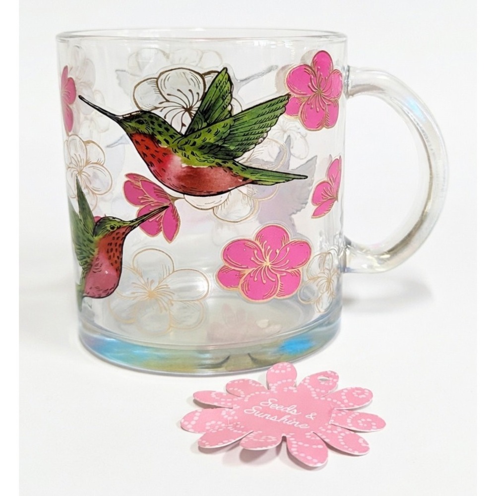 Seeds & Sunshine Hummingbird Coffee Mug, Clear Iridescent Glass, 16 Oz, 4.25"